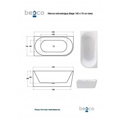 Volně stojící vana ZOYA GLAM, pro instalaci k průběžné stěně je vyrobena ze sanitárního kompozitu (akrylát)