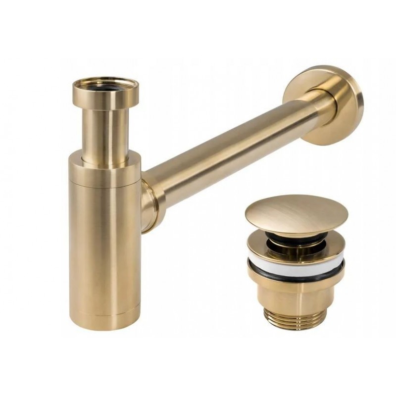 Umyvadlový kovový sifon s click/clack zátkou, univerzální, zlatá matná-broušená