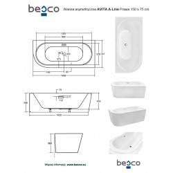 Volně stojící vana AVITA A-LINE v černo-bílém provedení, pro instalaci k průběžné stěně je vyrobena ze sanitárního kompozitu (ak