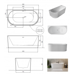 Volně stojící vana LEYA černá/bílá, sifon se štěrbinovým přepadem