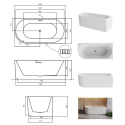 Volně stojící vana DENAYA bílá, sifon se štěrbinovým přepadem