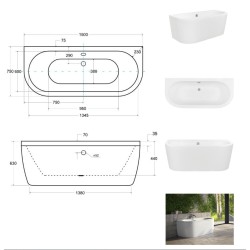 Voľne stojaca vaňa VISTA (TURSI), pre inštaláciu k priebežnej stene je vyrobená zo sanitárneho kompozitu (akrylát)