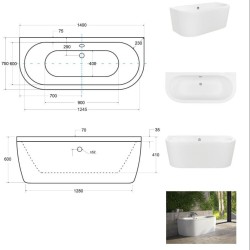 Voľne stojaca vaňa VISTA (TURSI), pre inštaláciu k priebežnej stene je vyrobená zo sanitárneho kompozitu (akrylát)