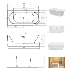 Volně stojící vana AVITA A-LINE, pro instalaci k průběžné stěně je vyrobena ze sanitárního kompozitu (akrylát)